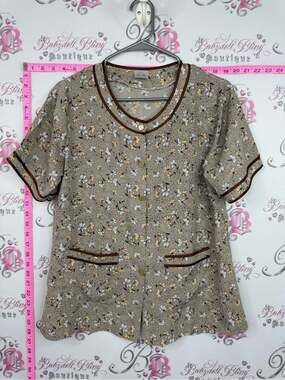 Shirt vintage Floral Button-Front Short Sleeve Top with Contrast Trim